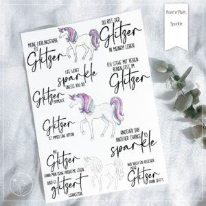 Print und Plottdatei mit zauberhaftem Einhorn und Glitzersprüchen